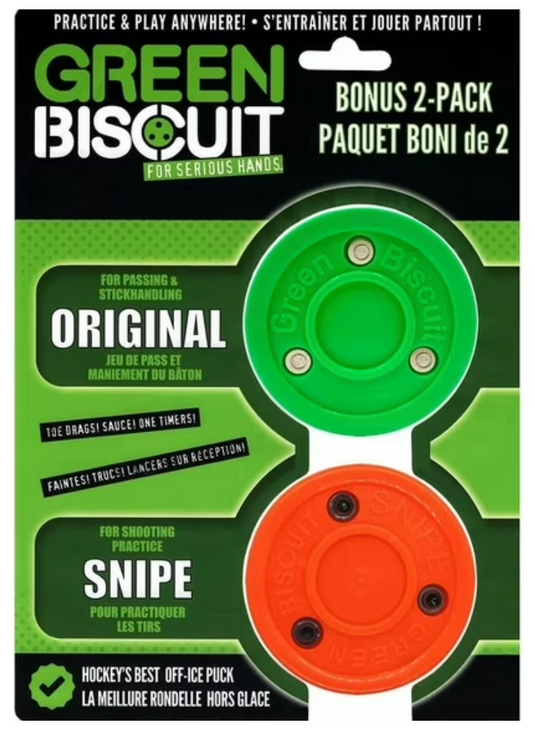 Green Biscuit Hockey Puck 2 Pack, Original, Off Ice Hockey Puck for Snipe, Shooting Street Hockey